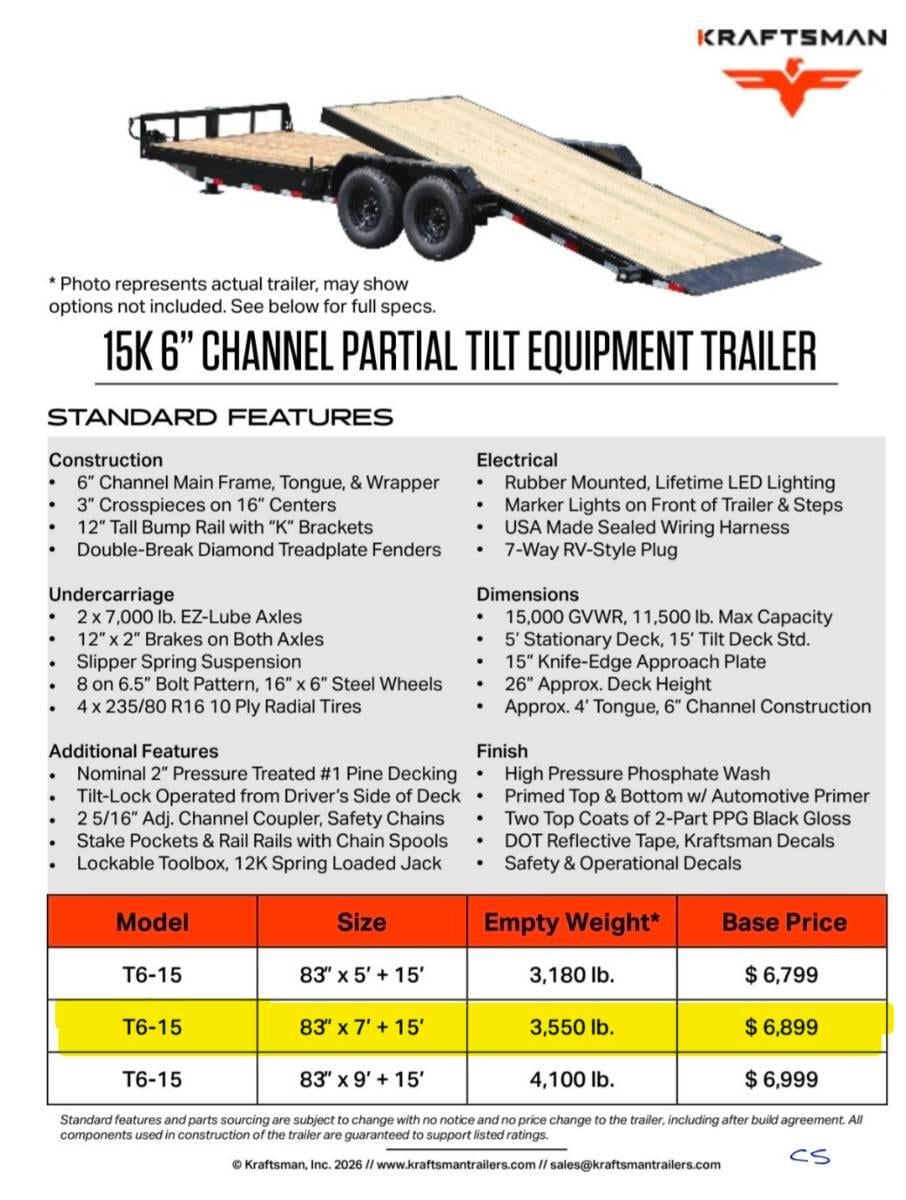 2025 Kraftsman 22' Equipment Tilt Trailer 15k